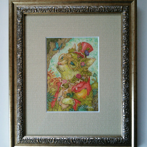 太古の森の植物学者』（癒しの緑。猫のパステル画） 絵画 D.アラキ