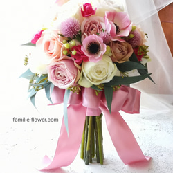 造花ブーケ『白バラとピンクのアネモネのラウンドブーケ』アーティフィシャルフラワー 2枚目の画像