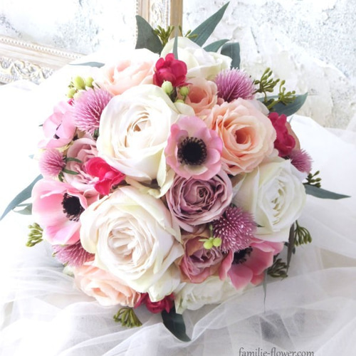 造花ブーケ『白バラとピンクのアネモネのラウンドブーケ』アーティ