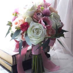 造花ブーケ『白バラとピンクのアネモネのラウンドブーケ』アーティフィシャルフラワー 9枚目の画像