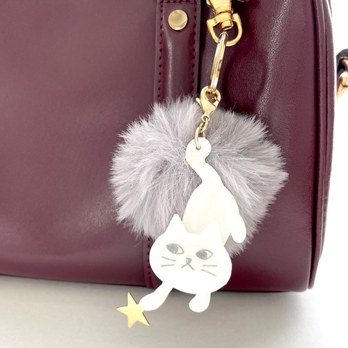 星とったにゃー☆ファーと白猫のバッグチャーム・キーホルダー バッグ  