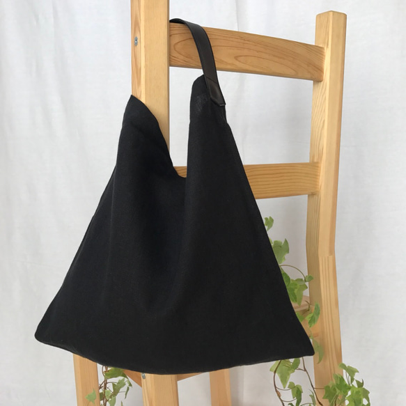 旧素材：リネンと革のバッグ（Sサイズ・黒） 3枚目の画像