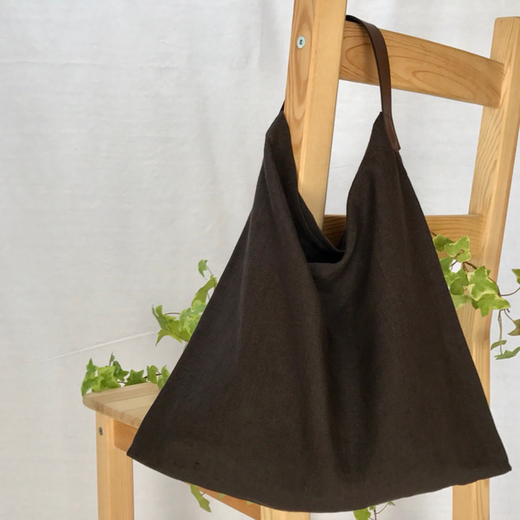 リネンと革のバッグ（Sサイズ・焦茶） 3枚目の画像