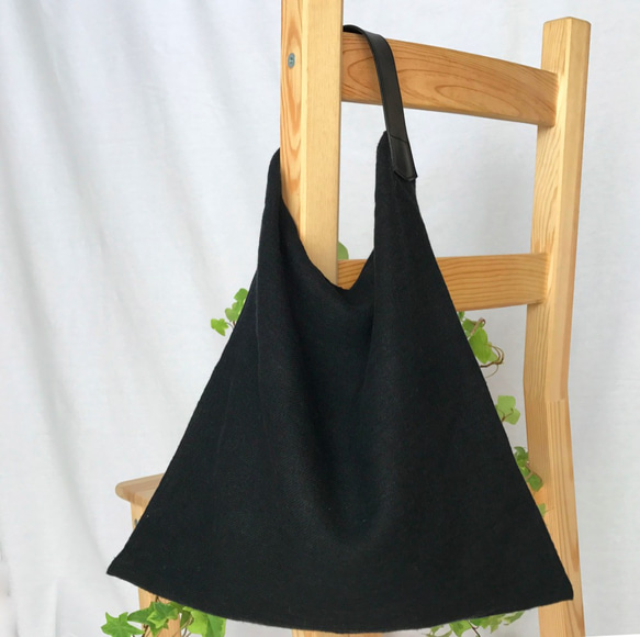 秋冬ラミーリネンと革のバッグ（Sサイズ・黒・裏付き） 3枚目の画像