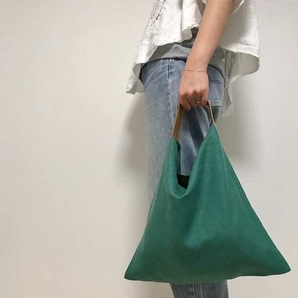 亞麻和皮革袋（S尺寸綠） 第2張的照片