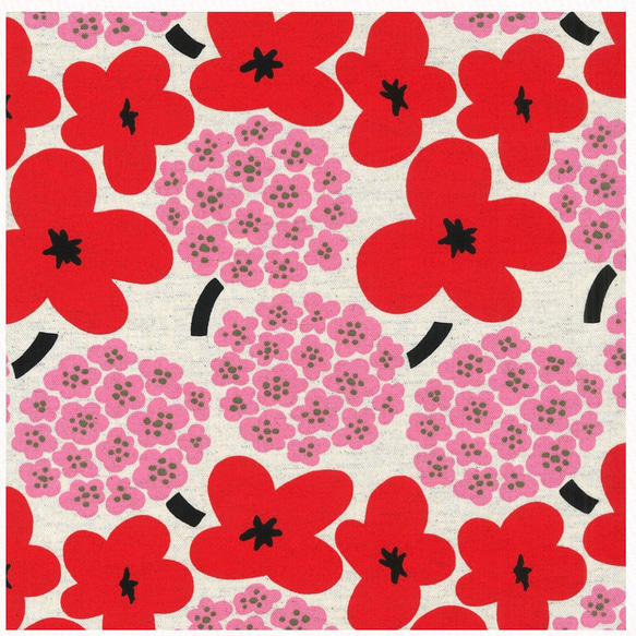 綿麻キャンバス【flower×flower】生成り地×レッドピンク系 生地 ハギレ