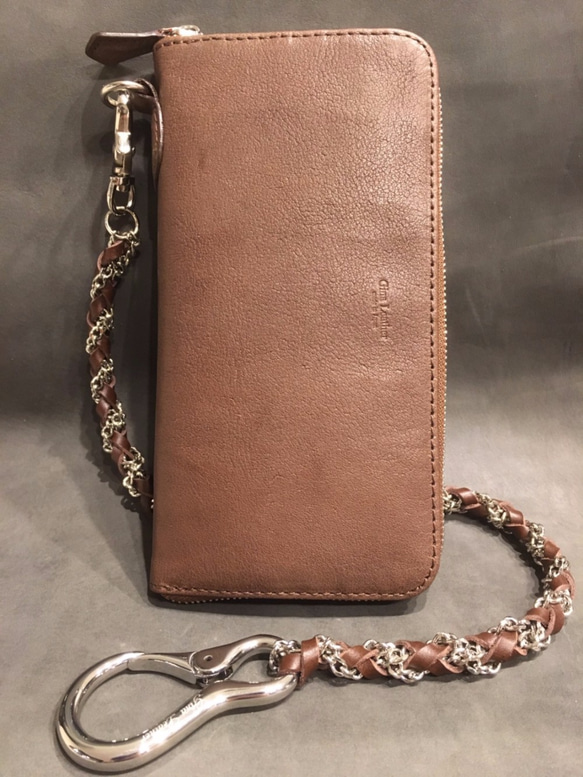 本革】ラウンドジップウォレット ウォレットチェーン付 ブラウン 長