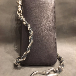 本革】ラウンドジップウォレット ウォレットチェーン付 ブラック 長