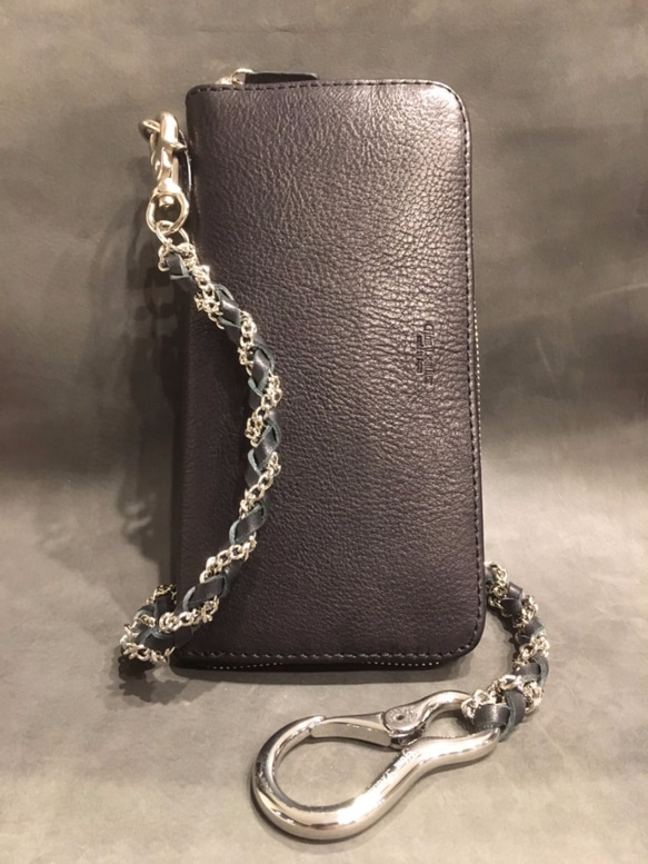 本革】ラウンドジップウォレット ウォレットチェーン付 ブラック 長