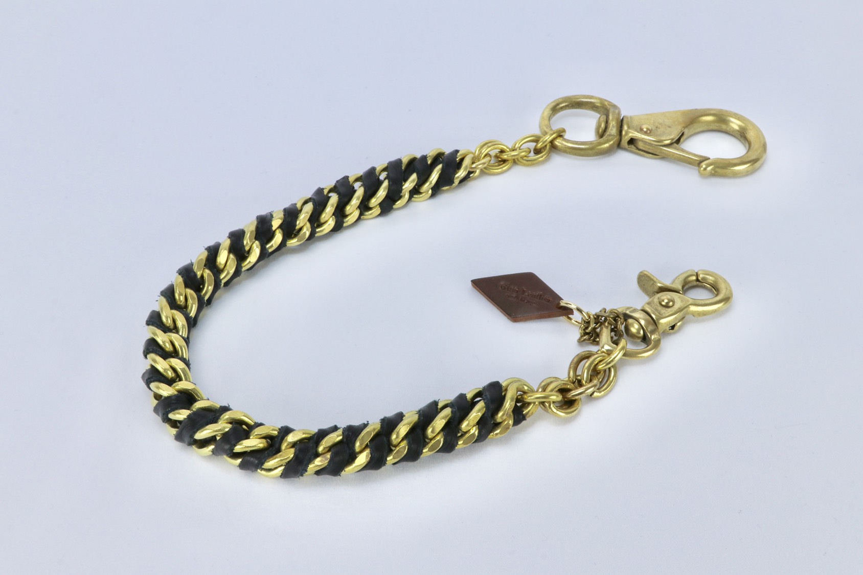 レザー＆真鍮製ダブルチェーン　ウォレットチェーン　ブラックスパイラル