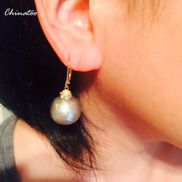 棉質珍珠水晶耳環 第4張的照片