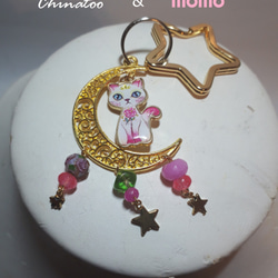 法國珠子玫瑰粉色時尚貓鑰匙扣 第3張的照片