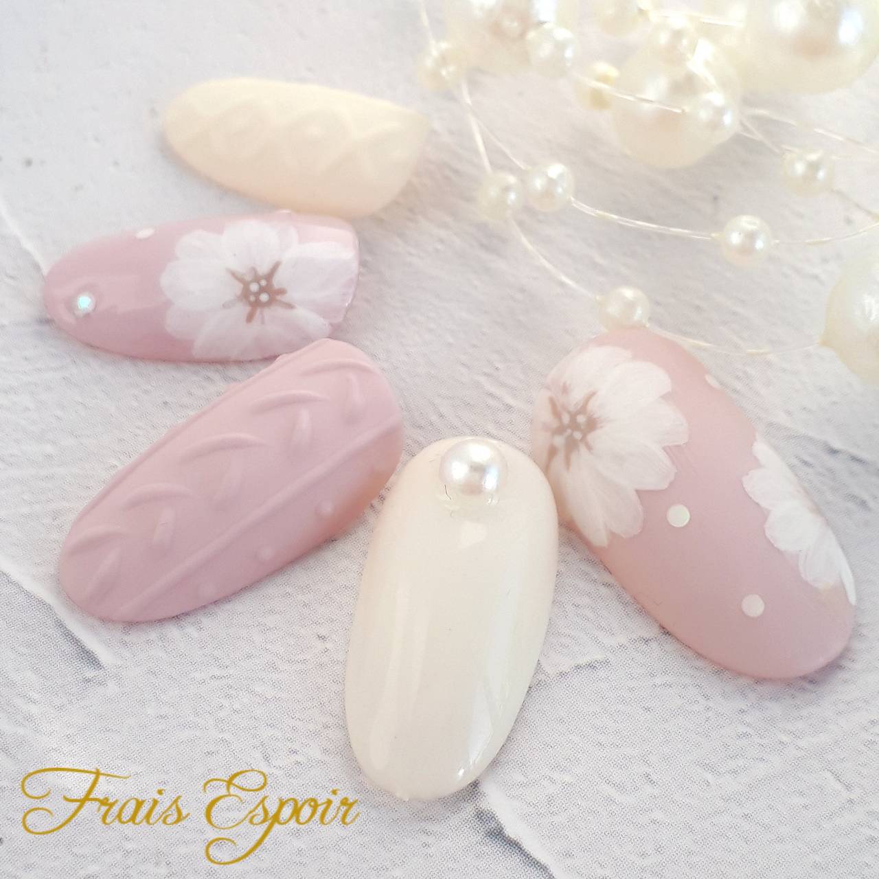 pink×white×silver ネイルチップ サイズオーダー】パール×フラワーの清楚系ネイルチップ（ピンク