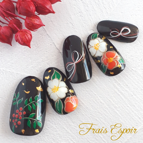 椿と南天の水引きネイル （和 成人式 和装 和柄 振袖 前撮り