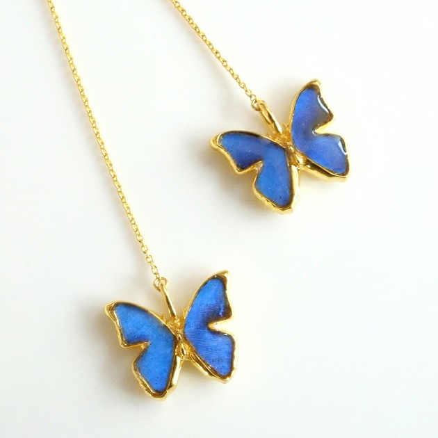 本物の蝶の羽　モルフォデザイン チェーンピアス　カキカモルフォ[zps015g-cac]