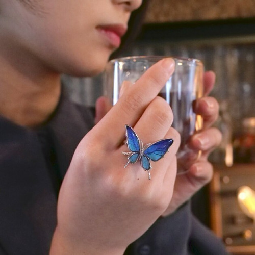 本物の蝶の羽 舞蝶リング フリーサイズ スルコウスキーモルフォ