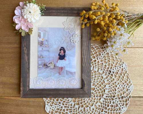 アンティーク アートフラワーフレーム ハンドメイド お誕生日や記念のお写真を♡】アートフラワー&レース＊アンティーク