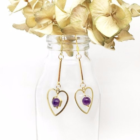 紫心-可改夾式 Brass Earrings / 一對 / 天然石 復古 黃銅耳環 / 禮物客製設計 第5張的照片