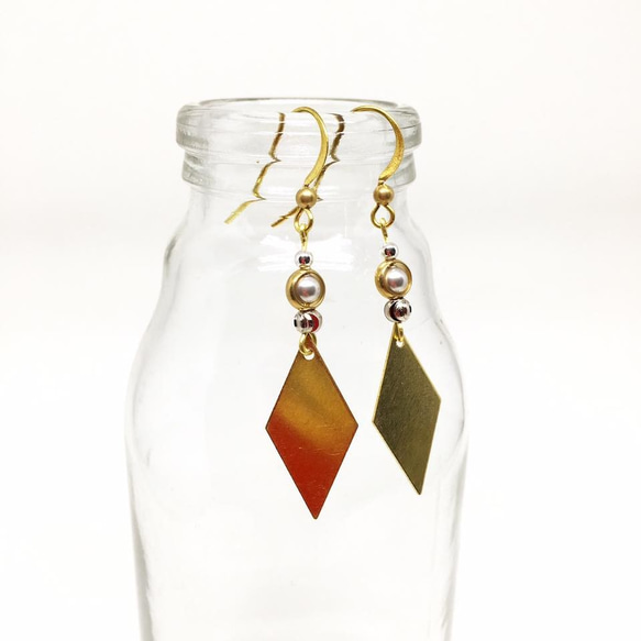 菱形-可改夾式 Brass Earrings / 一對 / 天然石 復古 黃銅耳環 / 禮物客製設計 第2張的照片