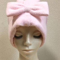 無撚糸タオルのリボン帽子 ピンク 2枚目の画像