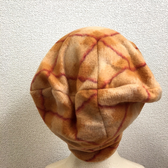 フリース素材帽子　オレンジのアーガイル 4枚目の画像