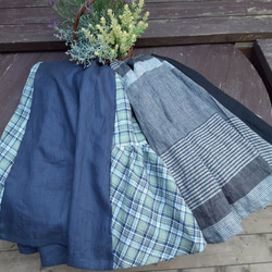 切り替えギャザーのふんわりスカート　（ハーフリネンチェックとリネン無地） 7枚目の画像