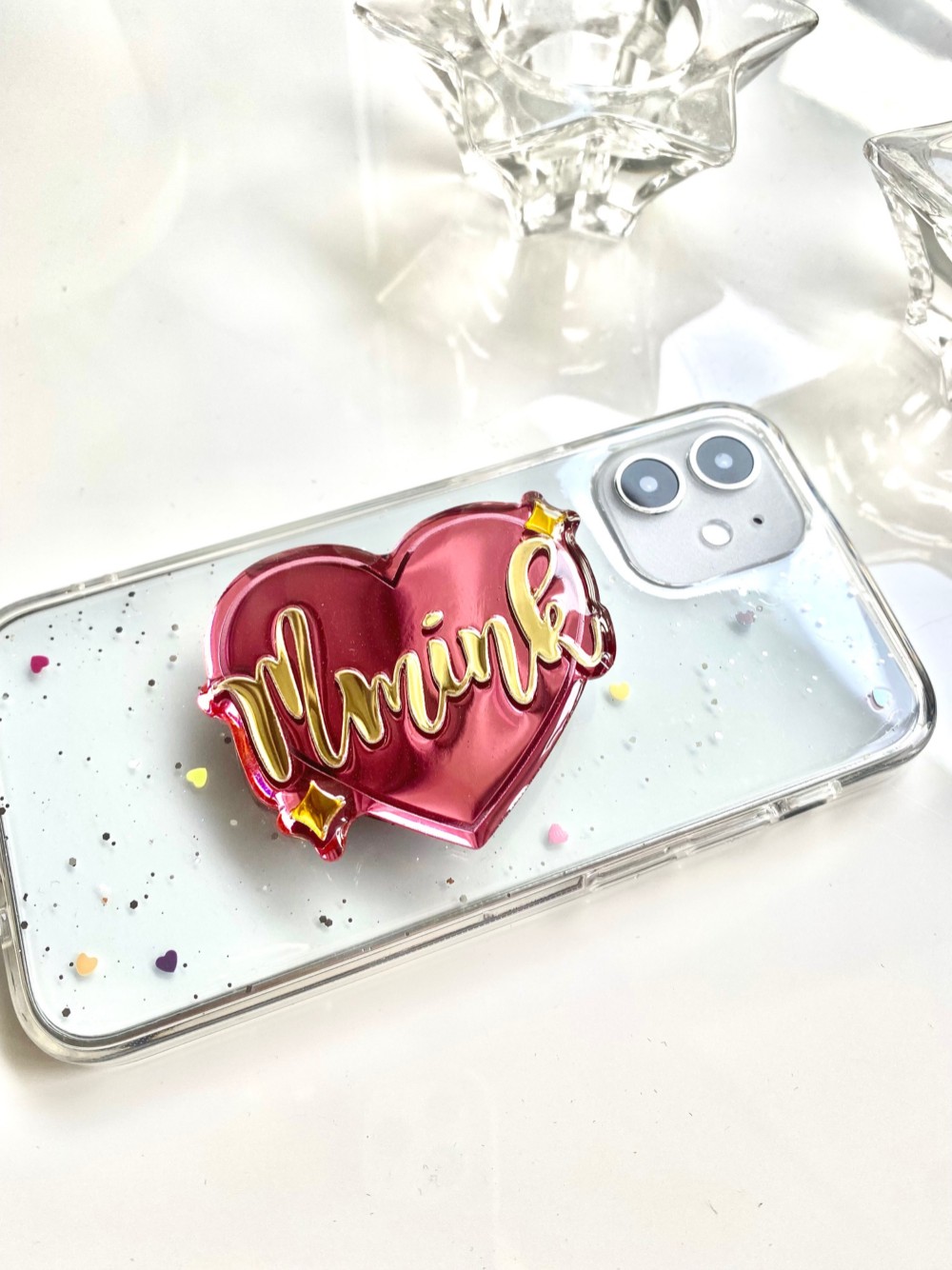 ハート柄　名前入れGRIPTOK　スマホ落下防止　ホログラムスマホケース