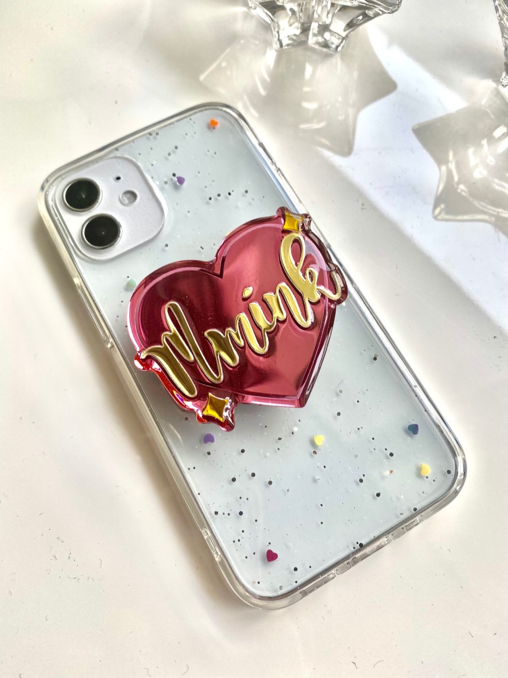 ハート柄　名前入れGRIPTOK　スマホ落下防止　ホログラムスマホケース