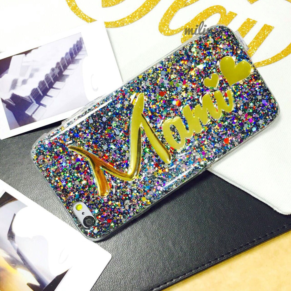 【S－１６】名入れ　キラキラ　iphone　galaxy xperia対応　名前やロゴが入れられるスマホケース