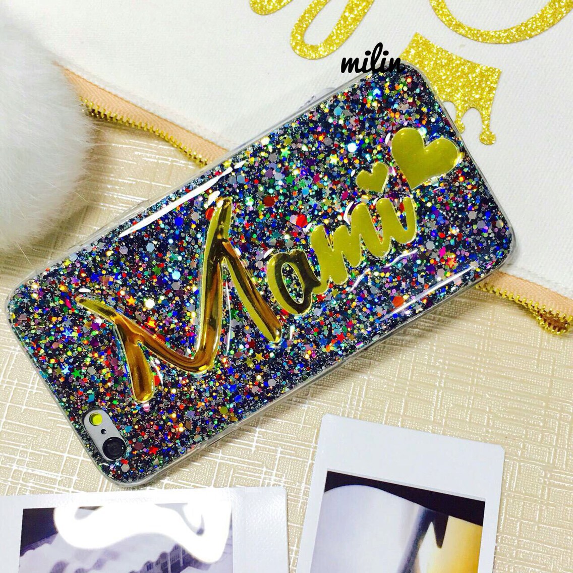【S－１６】名入れ　キラキラ　iphone　galaxy xperia対応　名前やロゴが入れられるスマホケース