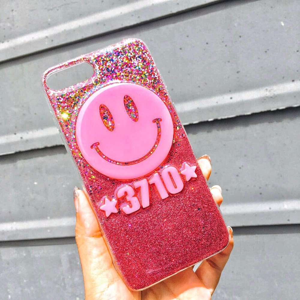 【S－６４】　iphone galaxy xperia多機種対応　名前が入るpinkスマイリケース