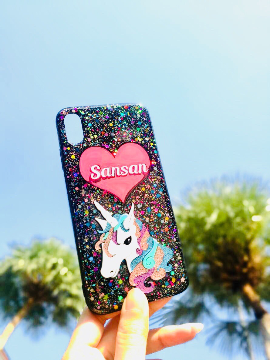 iphone galaxy xperia　Aquos　多機種対応 ユニコーン　名前入れケース