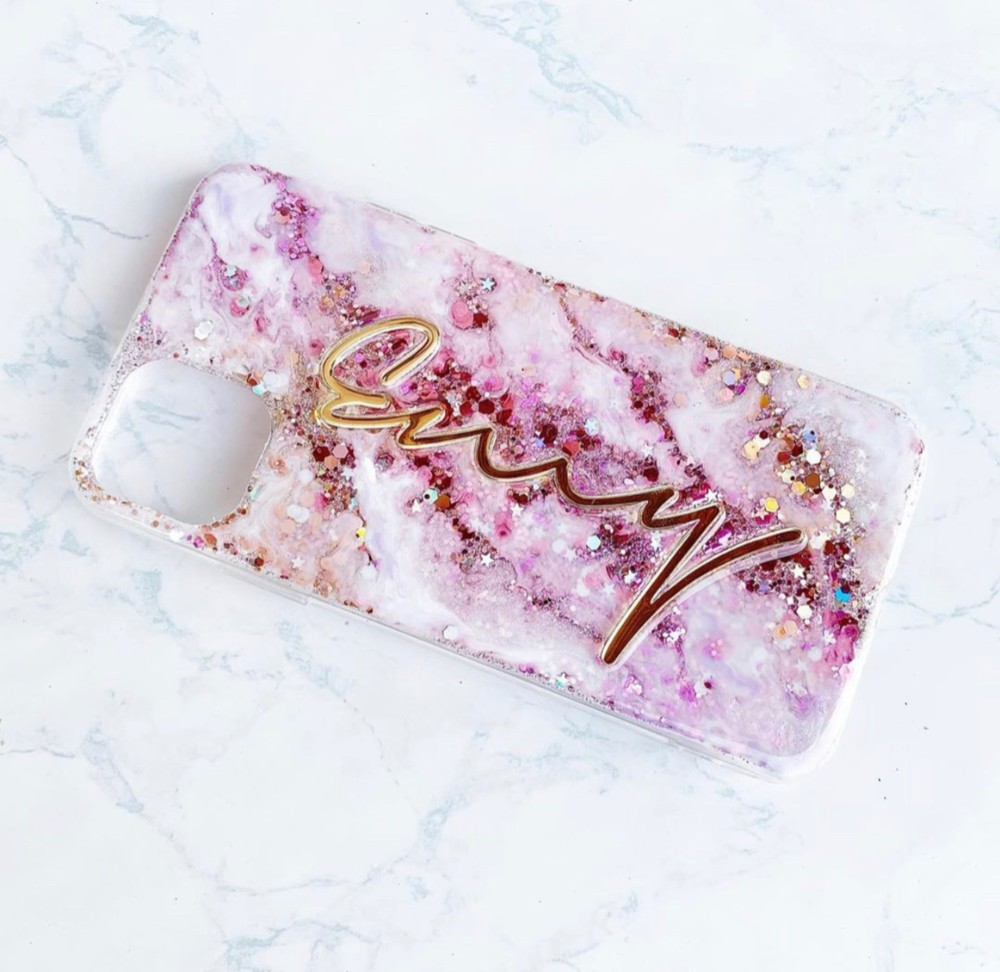 レジン　iphone　galaxy xperia 名前やロゴが入れられる大理石風グリッタースマホケース