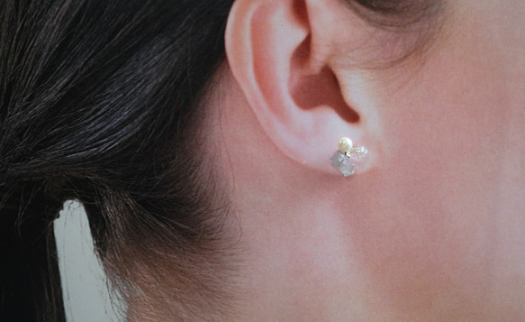 【k14gf 】トルマリン×あこや真珠×ダイヤモンドクォーツとあこや真珠のピアス 両耳 7枚目の画像