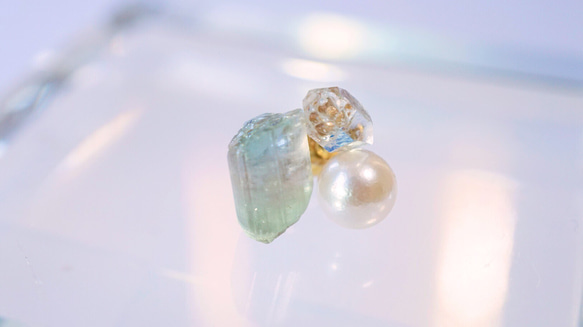【K14gf】バイカラートルマリン×あこや本真珠×ダイヤモンドクォーツのピアス  片耳 4枚目の画像