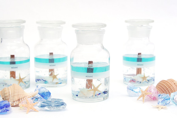 海のキャンドル♡精油100％／シトラスミント　SEA BOTTLE CANDLE／ガラス底タイプ 1枚目の画像