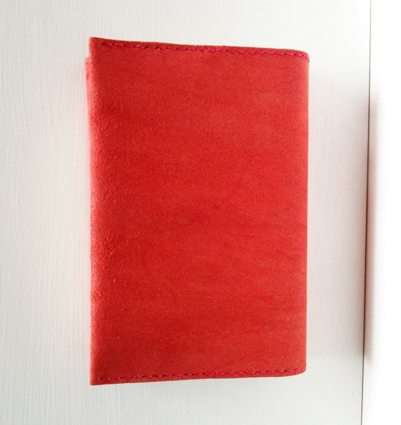 【限定１点】伊製レザー床革×国産ピッグスエードのブックカバー　文庫本サイズ　レッド 4枚目の画像