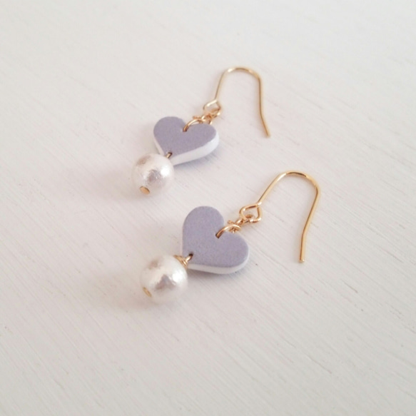 miniハート×cotton pearlピアス　lavender 4枚目の画像