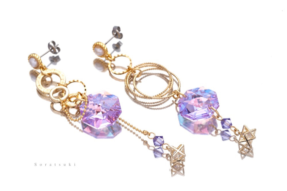 星星和珍珠鍊式耳環/耳環（淺紫色） 第2張的照片