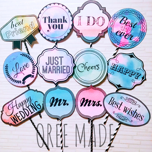 超歓迎された watercolorウェディングフォトプロップス12本セット☆結婚式 ウェルカムボード