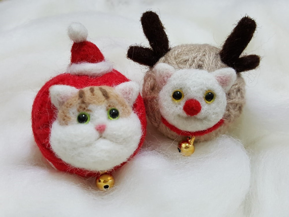 原創羊毛氈 "貓"線球鑰匙圈 聖誕節聖誕老公公貓款 第6張的照片