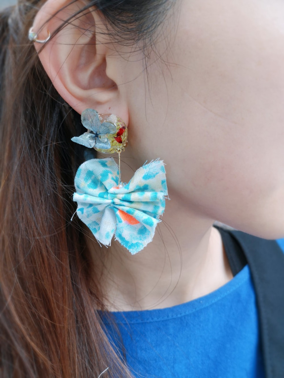 手工藍色系水玉布織耳飾 第3張的照片