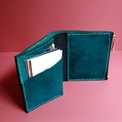 義大利磨砂皮-手縫短夾(藍綠色) 第3張的照片