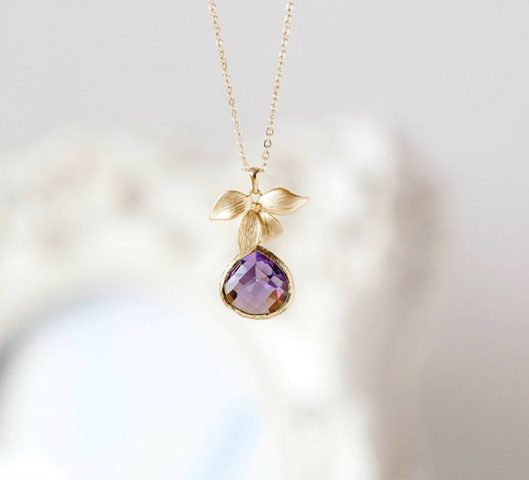 蘭花和紫水晶石項鍊 LeChaim Jewelry Gold Classy Elegance Orchid 第5張的照片