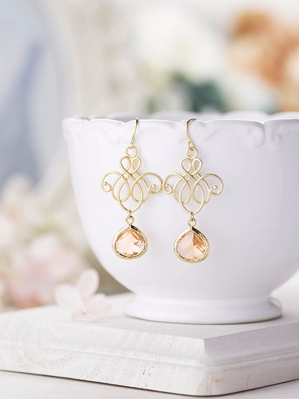 香檳玻璃石搭配金飾絲金耳針 LeChaim Champagne Glass Gold Filigree Earrings 第4張的照片