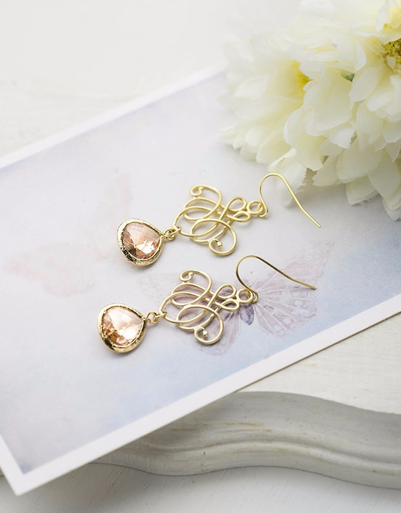 香檳玻璃石搭配金飾絲金耳針 LeChaim Champagne Glass Gold Filigree Earrings 第3張的照片