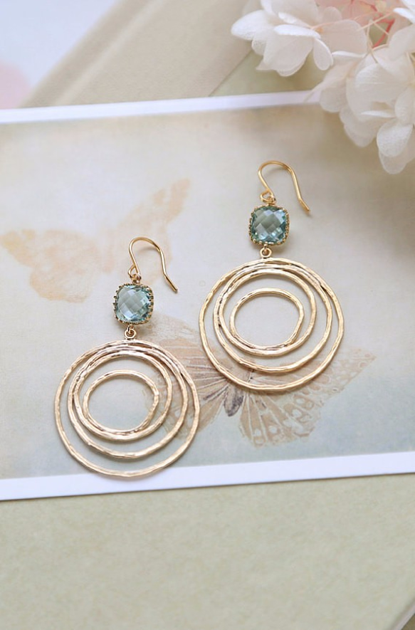 ボホスタイル・フープ・ピアス LeChaim Aqua Blue Glass Gold Hoop Pierce 2枚目の画像