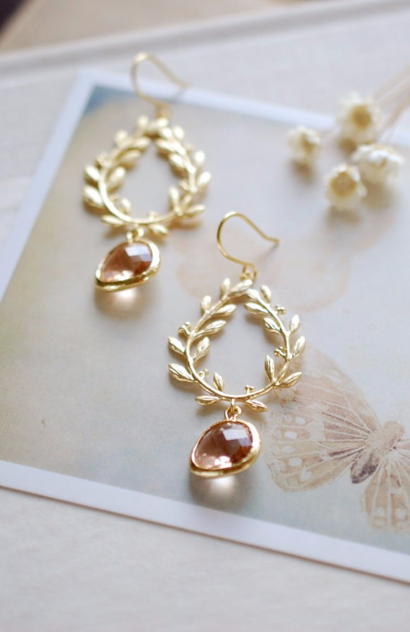 ローレル オーナメント ピアス Laurel Wreath with Champagne Stone Pierce 4枚目の画像