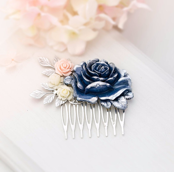 海軍藍玫瑰花＆頓銀葉子髮飾 LeChaim Navy Rose & Leaf Silver comb 第2張的照片