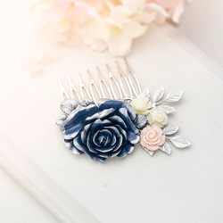 ネイビー ローズ フラワー＆リーフの髪飾り LeChaim Navy Rose & Leaf Silver comb 3枚目の画像